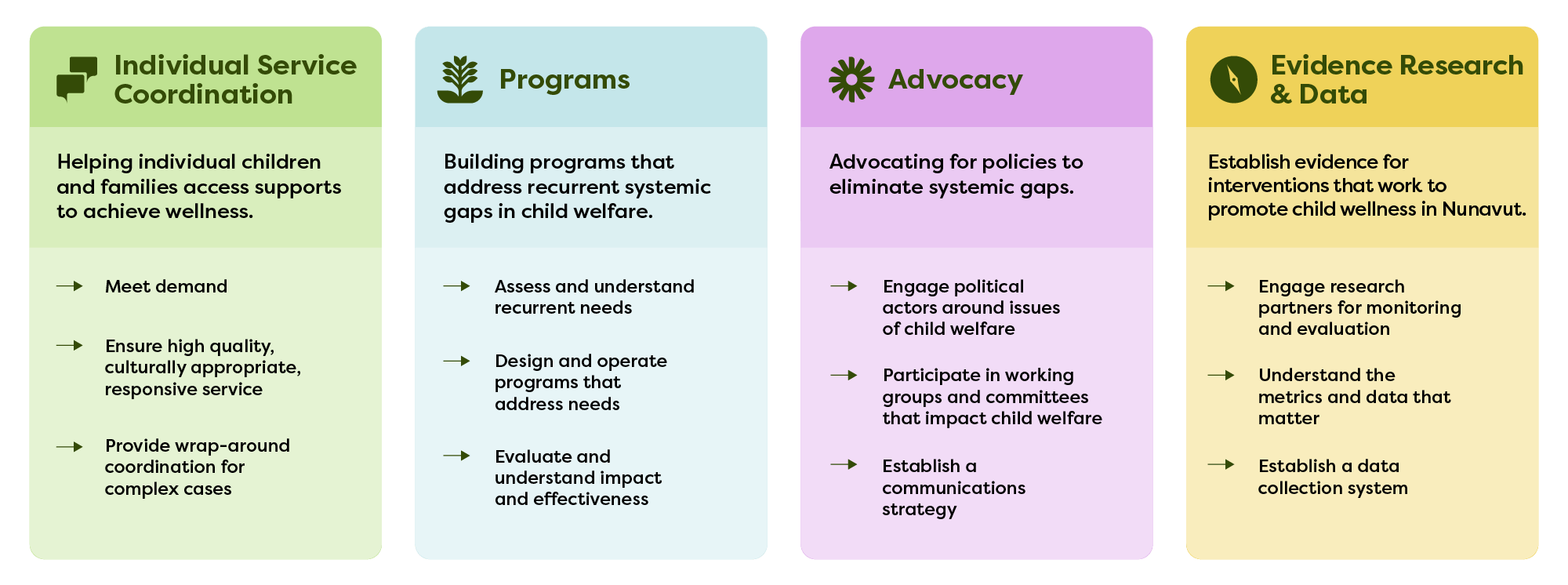 An infographic presents four sections: Individual Service Coordination (green), Programs (blue), Advocacy (purple), and Evidence Research & Data (yellow). Each section outlines activities aimed at systemic improvements in child welfare, from direct support to research.